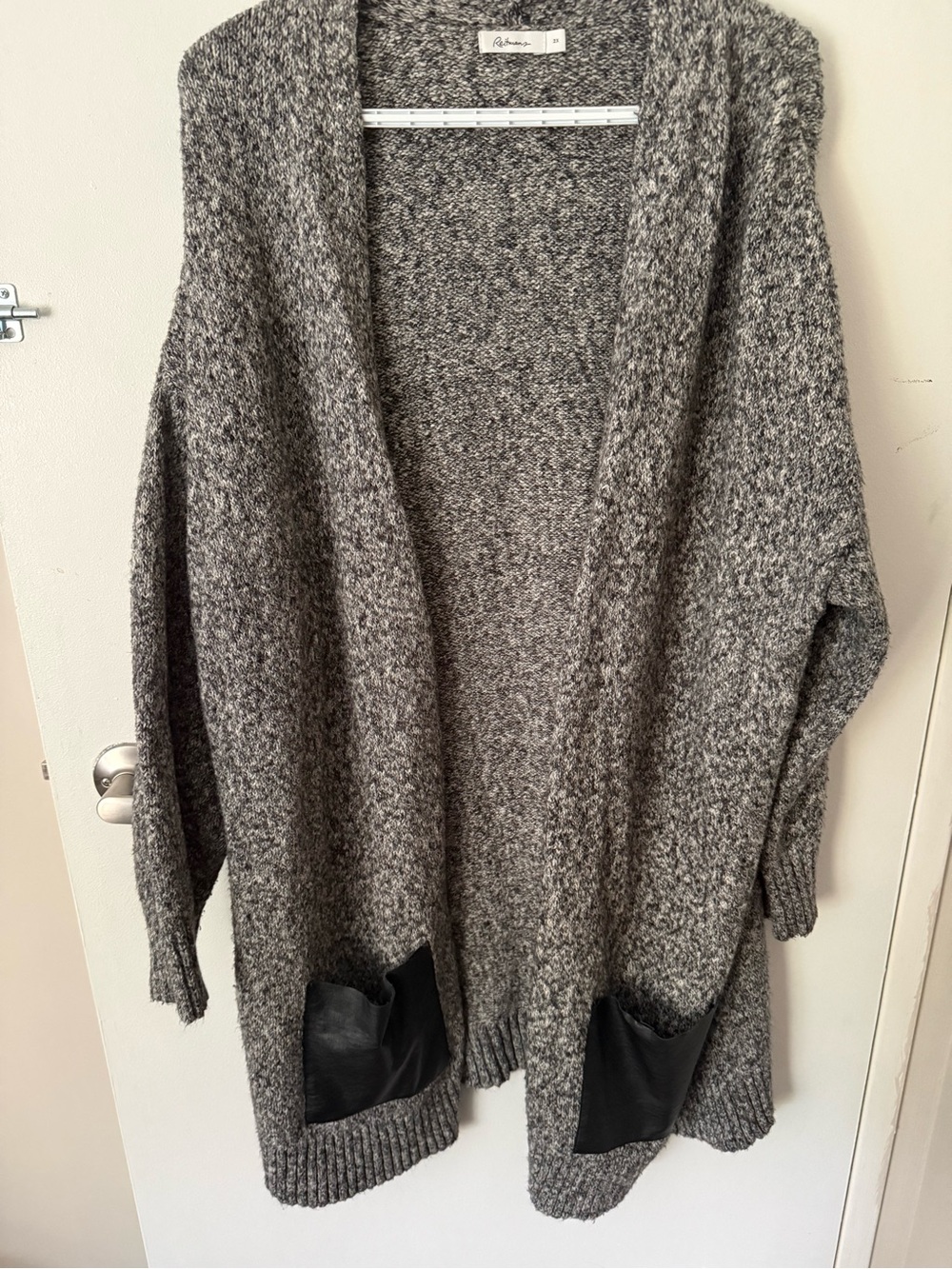 Reitmans Marled Gray Open-Front Cardigan with Faux-Leather Pockets